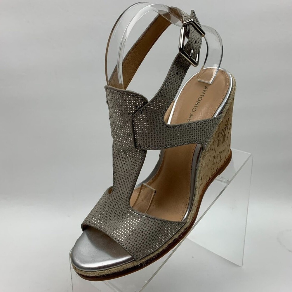 Antonio Melani Maree Silver Leather Ankle Buckle Strap Open Toe Wedge Heels